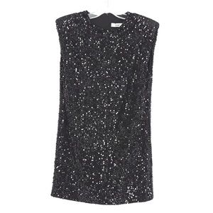 MNG By Mango Dress Mini Shift Sequin Round Neck Shoulder Pads Black Medium NWT